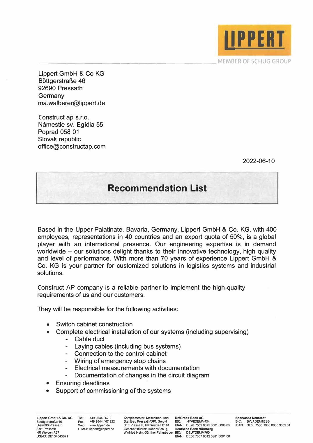 Recommendation letter — Lippert GmbH & Co. KG